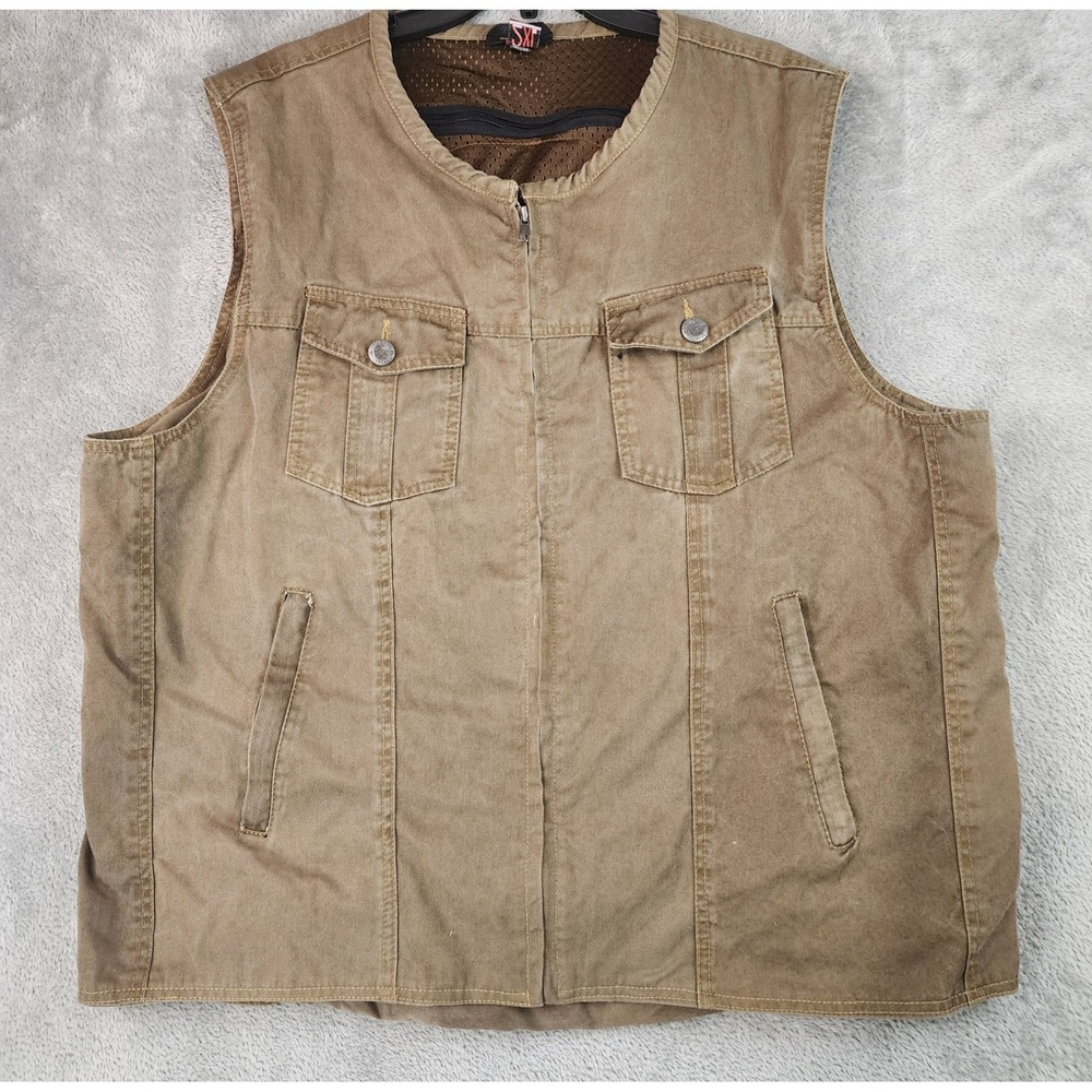 Street & Steel Vest Mens 2XL Brown Canvas Motorcycle Mesh Lining Full Zip Biker